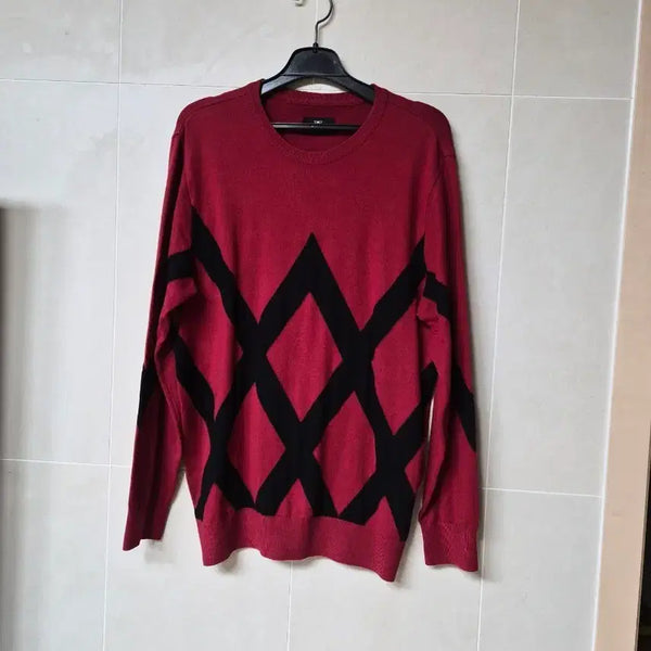 [BUNJANG] Anew Red Black Diamond Pattern Knit / 어뉴 레드 블랙 다이아몬드 패턴 니트