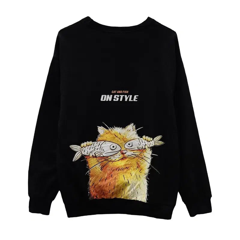 [BUNJANG] HOOK Kitsch Cat Black Sweatshirt M / HOOK 온스타일 키치캣 블랙 맨투맨 M