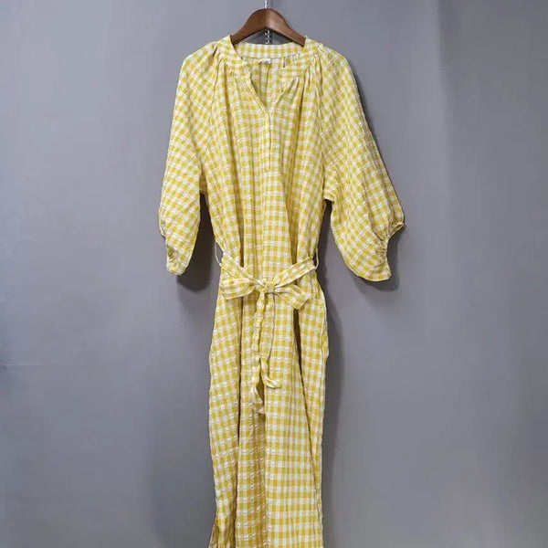 [BUNJANG] Yellow Plaid Patchwork 7/10 Sleeve Long Dress / 체크무늬 올록볼록 펑키7부소매 옐로우 롱 원피스