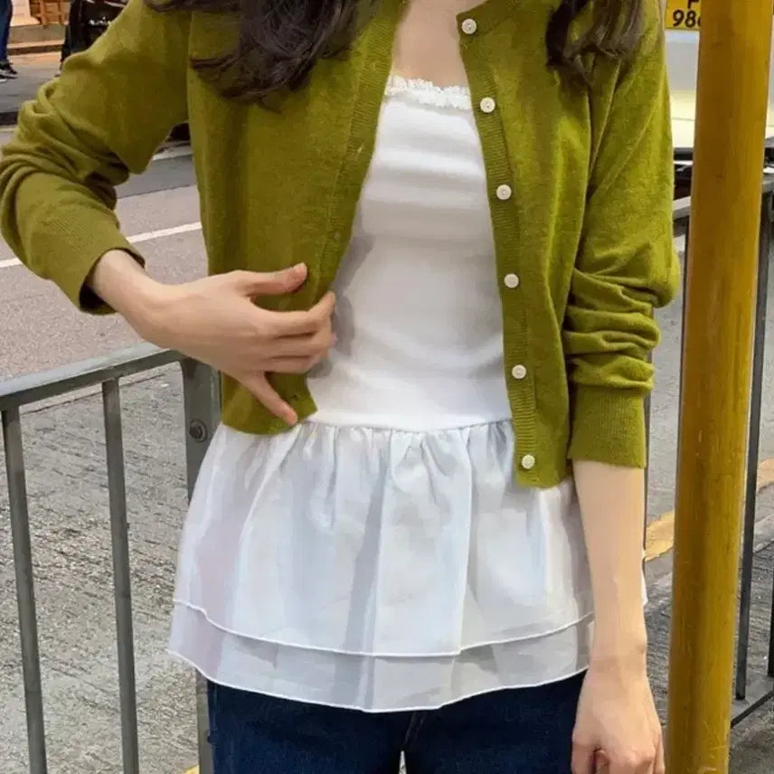 [BUNJANG] Ordinary Moment Olive Cardigan + Layered Bustier Set / 오디너리먼트 올리브 가디건 + 레이어드 뷔스티에 세트