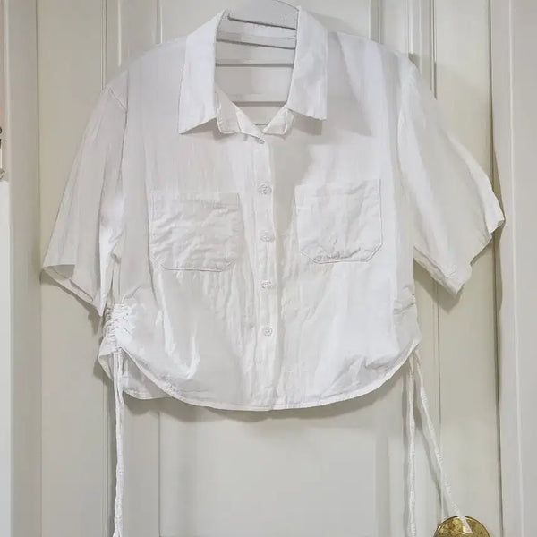 [BUNJANG] Shirring Short Sleeve Cropped Shirt / 셔링 반팔 크롭 셔츠
