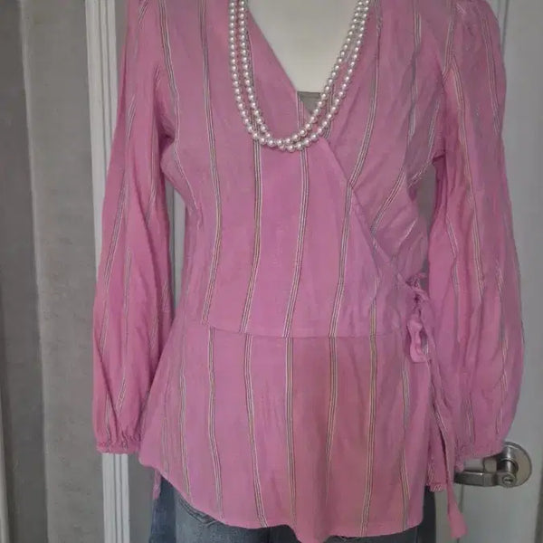[BUNJANG] Pink Stripe Wrap Blouse / 유럽 핑크 스트라이프 랩 블라우스
