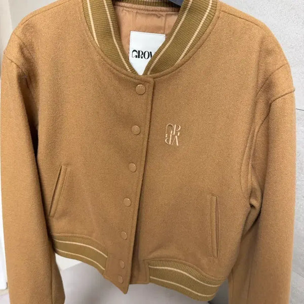 [BUNJANG] Grown Varsity Crop Jacket Beige / 그로브 바시티 크롭 자켓