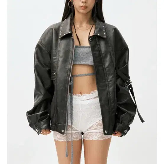 [BUNJANG] Sorbee Studded Back Print Leather Jacket - Brown / 소르비 sorbee 레더자켓 브라운