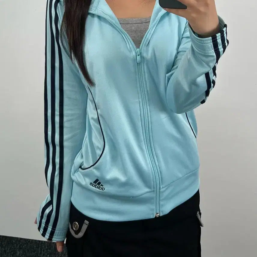 [BUNJANG] Adidas Sky Blue Hooded Jersey M / 아디다스 스카이블루 후드 져지