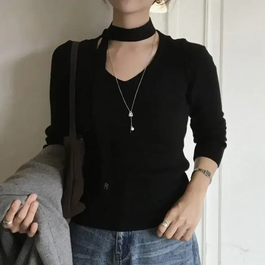 [BUNJANG] Mongdol V-Neck Slim Ribbed Knit - Black / (새제품)몽돌  브이넥 슬림 골지 니트_블랙