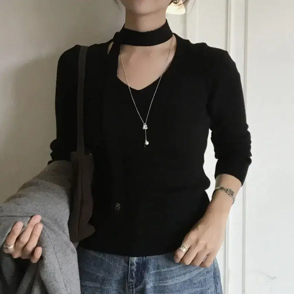 [BUNJANG] Mongdol V-Neck Slim Ribbed Knit - Black / (새제품)몽돌  브이넥 슬림 골지 니트_블랙