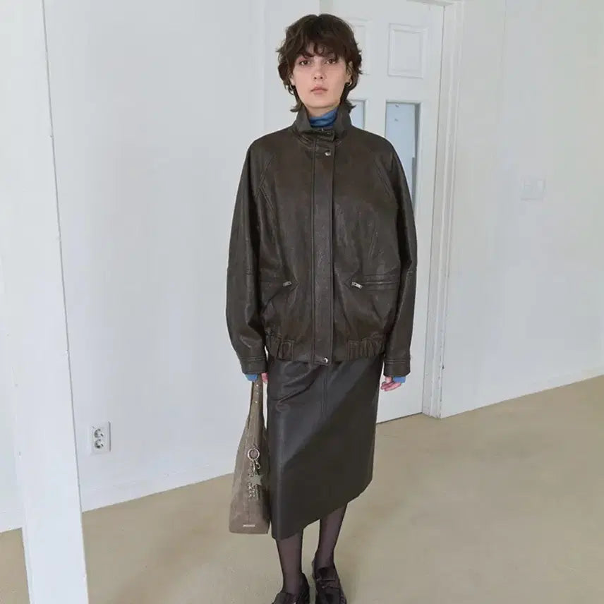 [BUNJANG] RAIVE High Neck Leather Blouson Jacket Brown S / 레이브 하이넥 레더 블루종 자켓 브라운 S