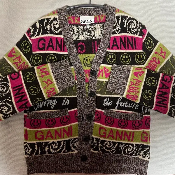 [BUNJANG] GANNI Smile Logo Wool Cardigan Multicolor / (W)급처 가니 스마일 로고 울 가디건 멀티컬러 S