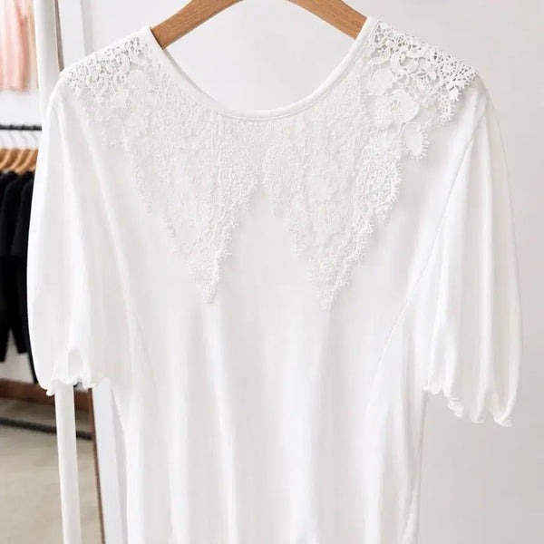 [BUNJANG] White Short-Sleeve Blouse with Lace Collar / 레이스 칼라 반팔 블라우스 화이트