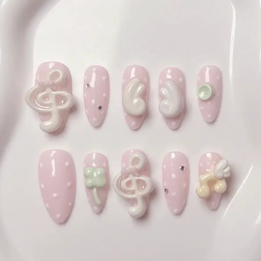 [BUNJANG] Handmade Pink Music Note Dot Angel Nail Tips (Customizable Sizes) / 핑크 음표 도트 천사 네일팁 핀터레스트 xs/s/m/l 주문제작 수제 위시코어 양산형 갸루