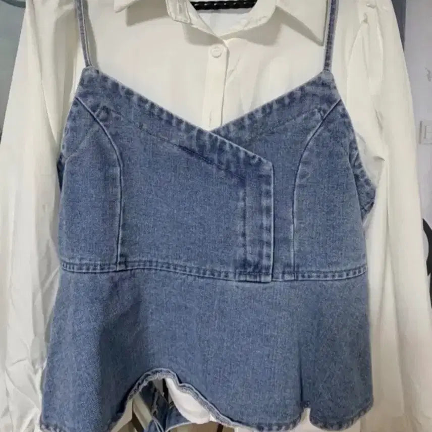[BUNJANG] Denim Bustier Shirt Set / 데님 뷔스티에 셔츠 세트