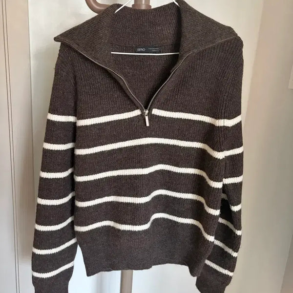 [BUNJANG] Spao Brown Knit Stripe Half-Zip Sweater / 스파오 브라운 니트 스트라이프 단가라 반집업