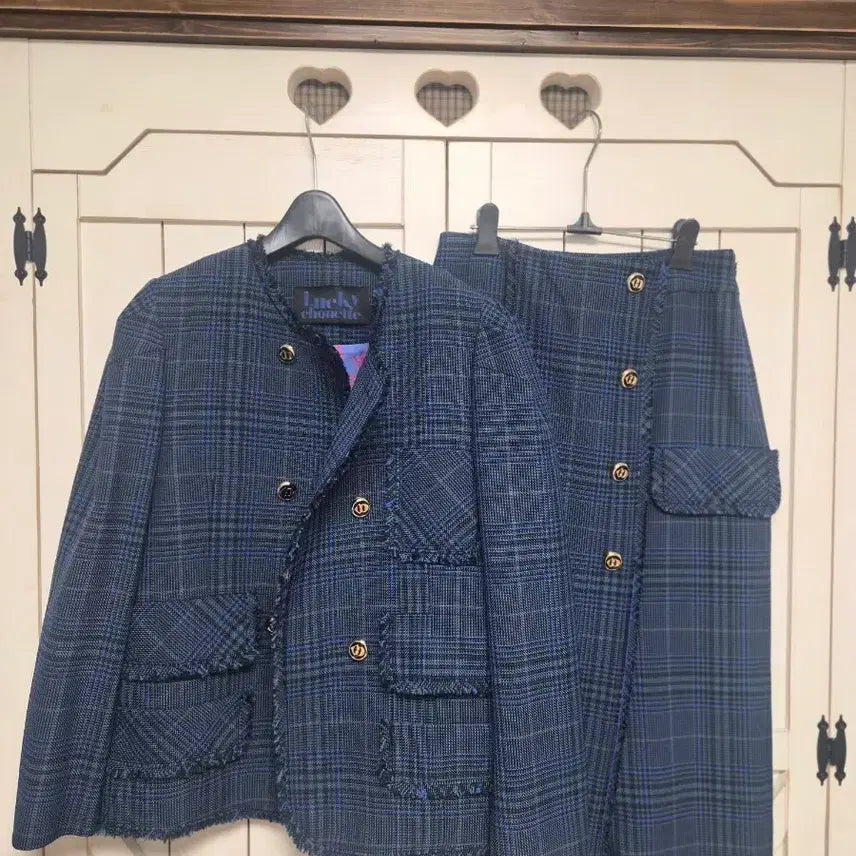 [BUNJANG] Lucky Chouette Check Jacket Skirt Set / 럭키슈에뜨 체크 자켓 스커트 세트