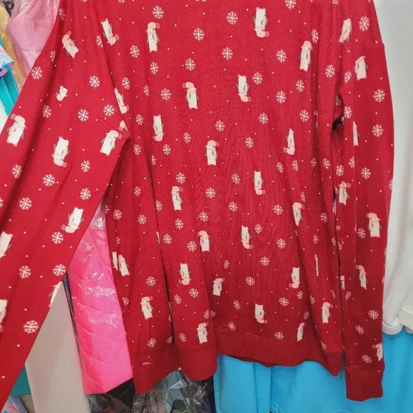 [BUNJANG] Burgundy Penguin Pattern Sweater (Imported) / 버건디펭귄 패턴 스웨터 수입