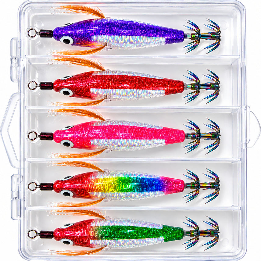 [BUNJANG] Prism Rainbow Hook UV Egi 5-Piece Set with Case for Squid and Cuttlefish Fishing / 쭈꾸미 갑오징어 낚시 프리즘 레인보우 훅 수평 UV에기 5종 에기케이스 포함 새상품