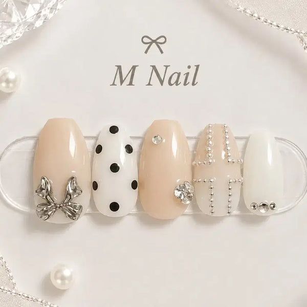 [BUNJANG] Nude Silvery Ribbon Dot Nail Tips / 누드 실버리본 도트 네일팁