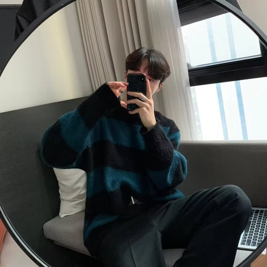 [BUNJANG] Men's Striped Oversized Roundneck Knit Sweater / 남성 스트라이프 오버핏 라운드넥 니트 스웨터