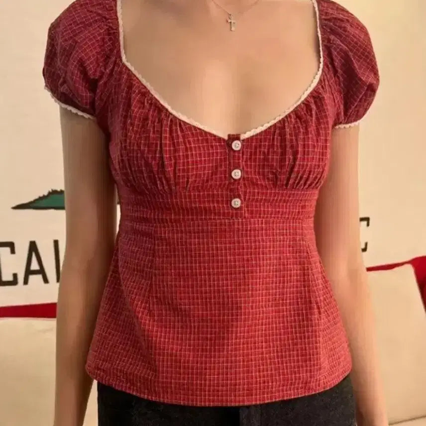 [BUNJANG] Brandy Melville Red Checkered Blouse / 1번 착용) 브랜디 멜빌 레드 체크 블라우스
