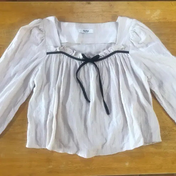 [BUNJANG] Square Neck Puff Sleeve Ribbon Blouse / 스퀘어넥 퍼프 리본 블라우스