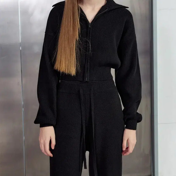 [BUNJANG] Black Zip-Up Cardigan Knit Pants Set / 블랙 집업 가디건 니트 팬츠 세트