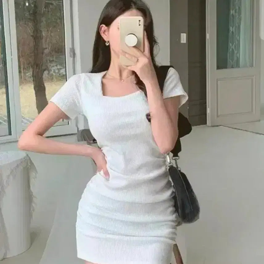 [BUNJANG] Square Neck Shirring Ribbed Dress / 스퀘어넥 반팔 셔링 골지 원피스