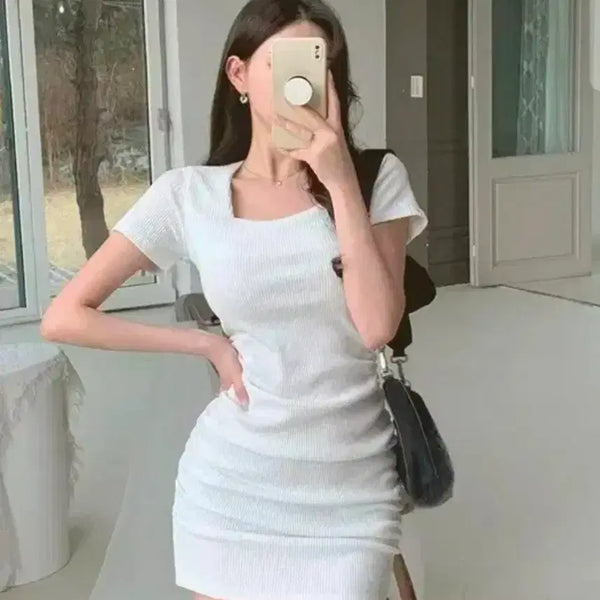 [BUNJANG] Square Neck Shirring Ribbed Dress / 스퀘어넥 반팔 셔링 골지 원피스