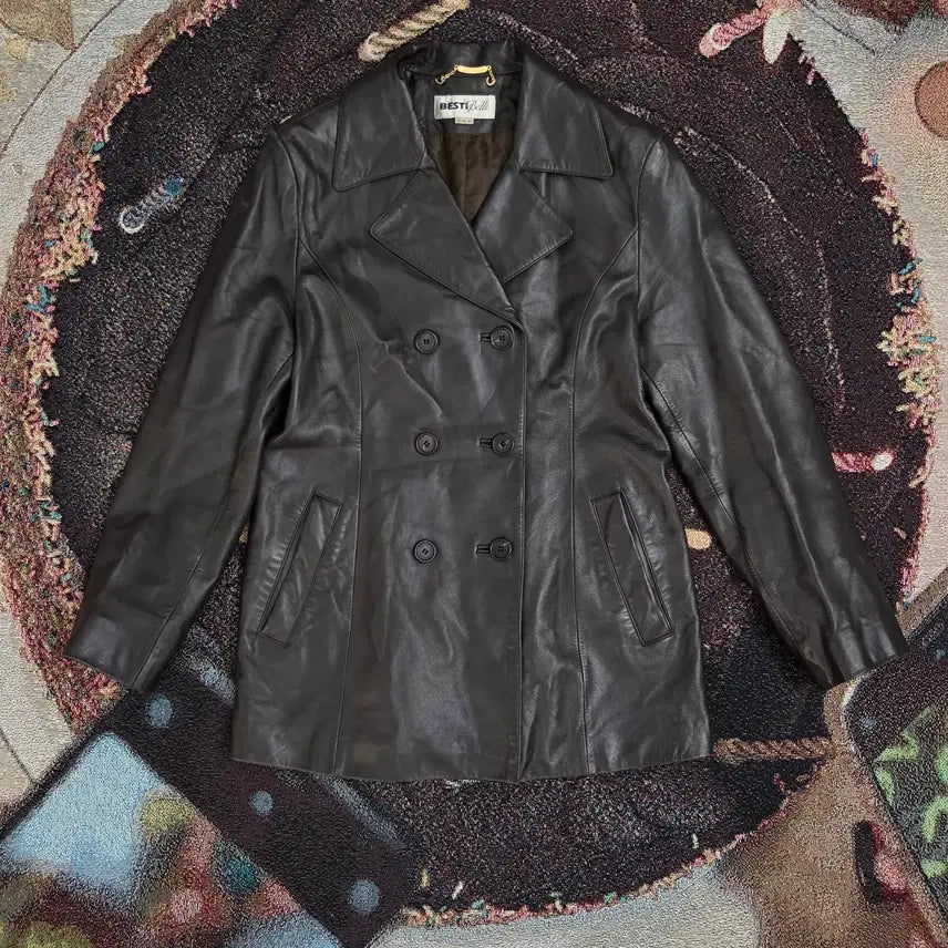 [BUNJANG] Vintage Brown Double-Button Leather Coat / 빈티지 브라운 더블 버튼 가죽 코트 레더 코트
