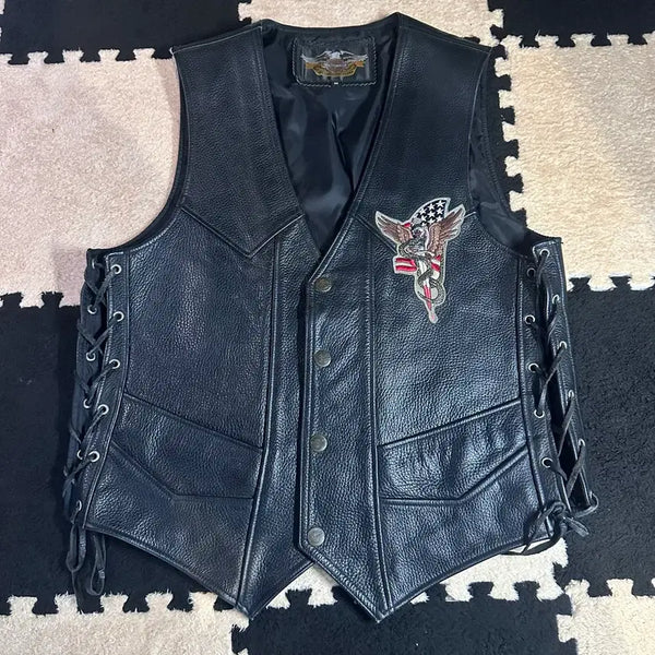 [BUNJANG] Harley-Davidson Eagle Dagger Embroidered Lace-Up Leather Vest / [정품/Vintage] 할리데이비슨 독수리/단검자수 레이스업 레더 베스트