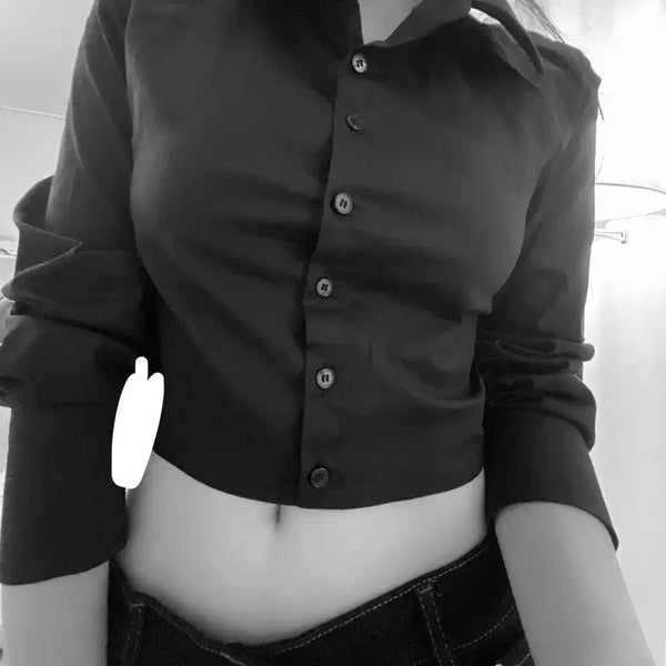 [BUNJANG] Black Fitted Crop Shirt / 실착 블랙 딱붙핏 크롭 셔츠 착샷 핫걸