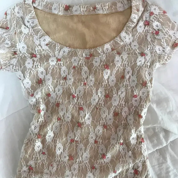 [BUNJANG] Flower Pattern Slim Short-Sleeve T-Shirt / 플라워 슬림 반팔티