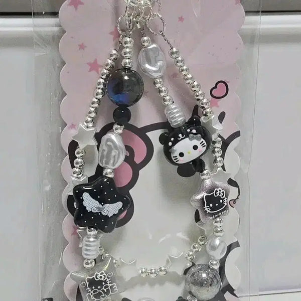 [BUNJANG] Hello Kitty Handmade Beaded Keychain with Phone Strap / 헬로키티 수제 비즈 키링 블랙 화이트 핸드폰 스트랩