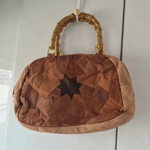 [BUNJANG] Vintage Patchwork Shoulder Bag with Bamboo Handle / 빈티지 패치워크 숄더백 뱀부 핸들