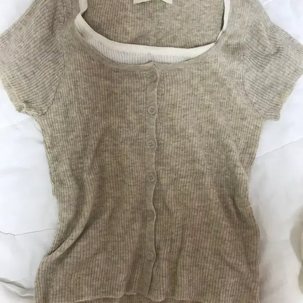 [BUNJANG] Knit Panel Short Sleeve T-Shirt / 니트 배색 반팔