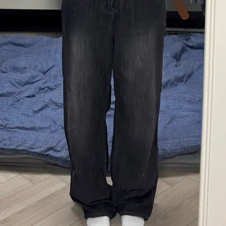 [BUNJANG] Dolce Black Washing Wide Pants S (Thin Fabric) / 돌체 블랙 워싱 와이드팬츠 S (후들원단)