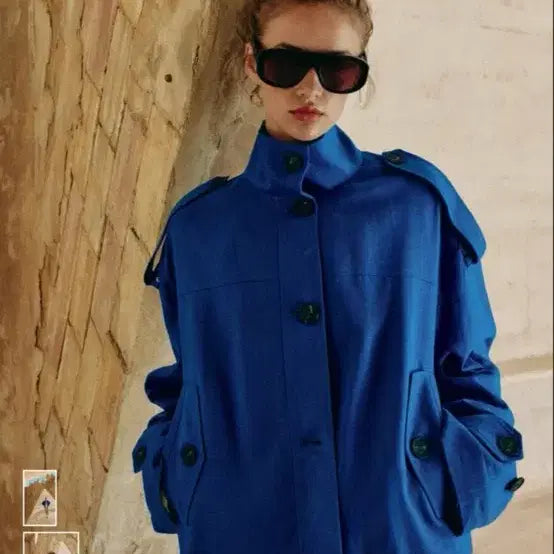 [BUNJANG] Zara Linen High Neck Jacket Blue S / 자라 리넨 하이넥 자켓 블루 s