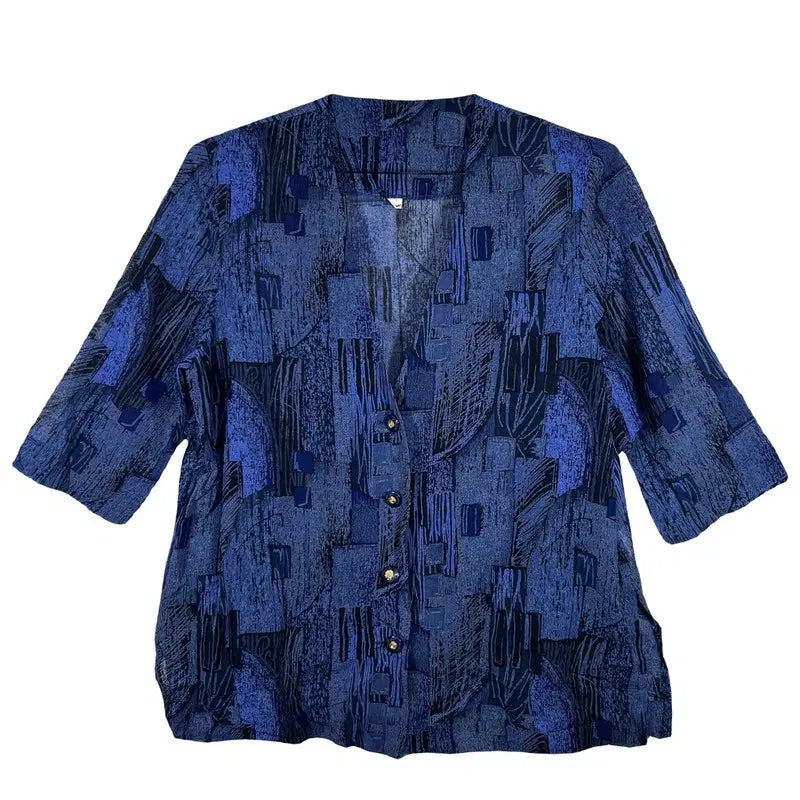 [BUNJANG] Triacetate Blend Blue Geometric Pattern Short Sleeve Blouse (M) / 블루 기하학 패턴 노카라 반팔 블라우스 [M] 트리아세테이트 혼방