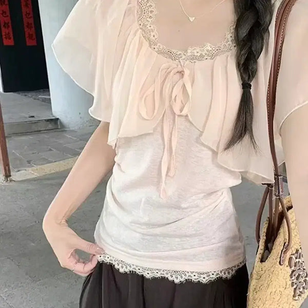 [BUNJANG] Lace Combination Chiffon Blouse / 레이스 조합 쉬폰 블라우스