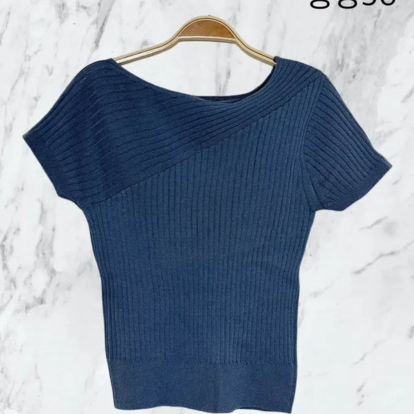 [BUNJANG] Diagonal Ribbed Short Sleeve Knit - Blue / 사선 골지 반소매 니트 블루 새상품