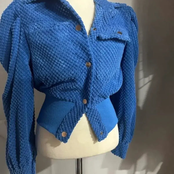 [BUNJANG] Tweed Blue Puff Sleeve Jacket / 트위드 블루 퍼프 소매 자켓 수입의류 연말룩 파티룩 모임룩