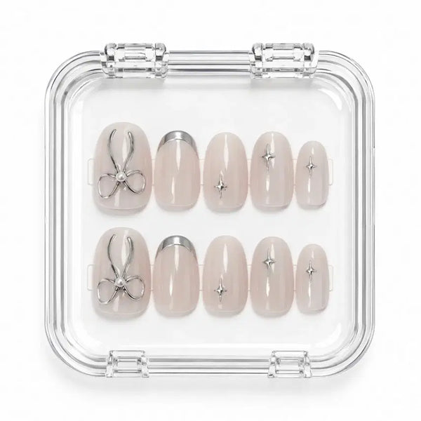 [BUNJANG] Beige Ribbon Star Gel Nail Tips / 네일팁 베이지 리본 별 젤네일