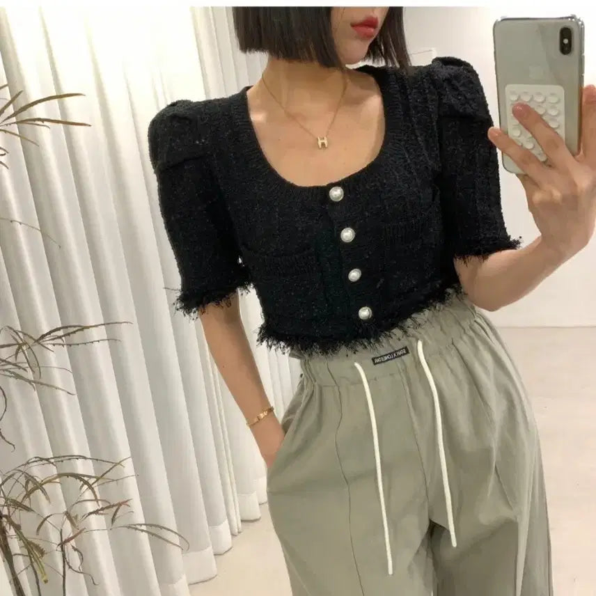 [BUNJANG] Pearl Button Tweed Puff Sleeve Jacket / 반팔자켓
