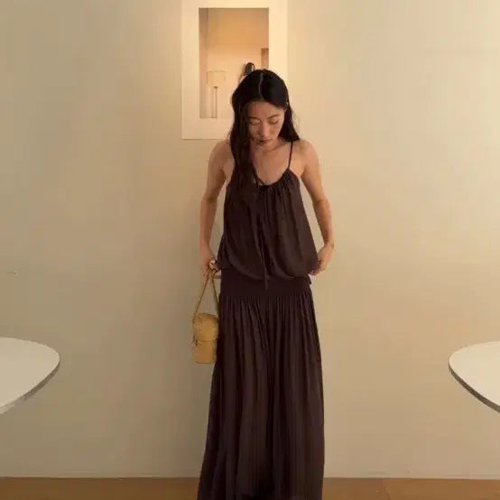 [BUNJANG] MonoHa Drape Sheer Long Skirt Brown / 모노하 드레이프 셔링 롱스커트 브라운 컬러 monoha draped shirred long skirt