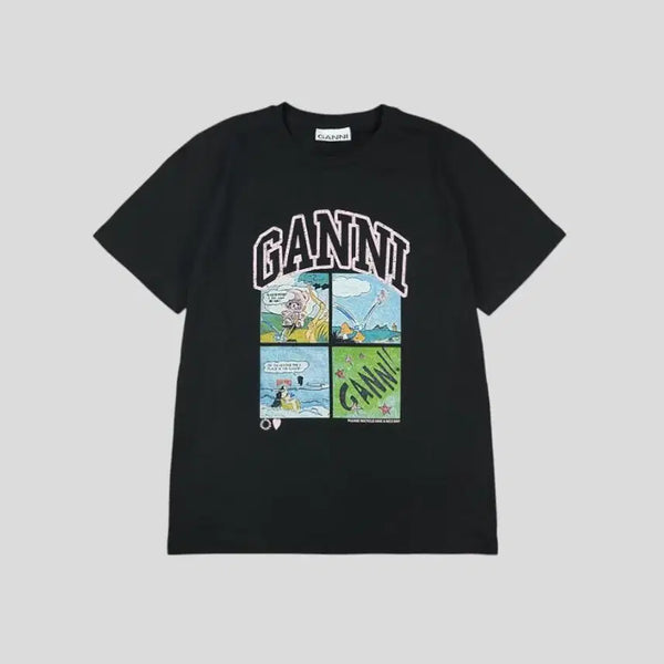 [BUNJANG] GANNI Black Multicolor "Codic" Teddy Arch Logo Cotton Short Sleeve T-Shirt (Woman's L) / GANNI 가니 블랙 멀티컬러 코딕 테디 아치로고 코튼 반팔 티셔츠 WOMANS L