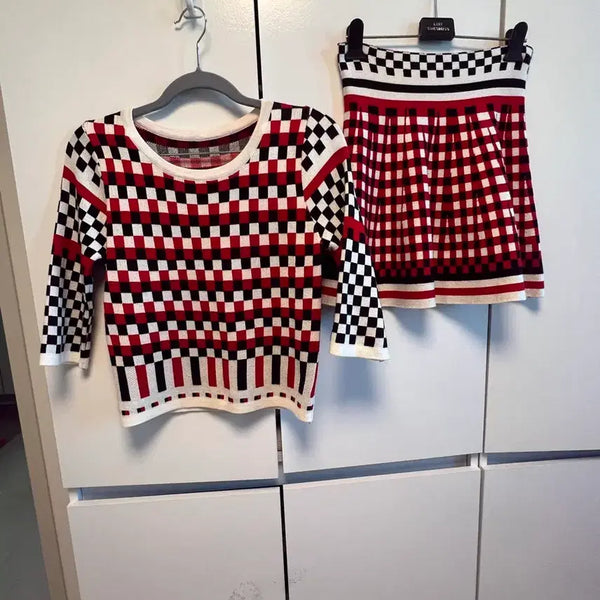 [BUNJANG] Check Pattern Knit Skirt Top Set / 체크 패턴 니트 스커트 상의 세트