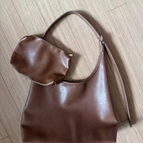 [BUNJANG] Brown Leather Shoulder Bag Pouch Set / 브라운 레더 숄더백 파우치 세트