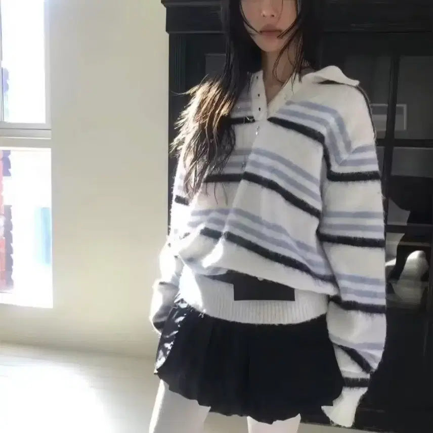 [BUNJANG] Stripe Angora Mohair Collar Knit / 스트라이프 앙고라 모헤어 카라 니트