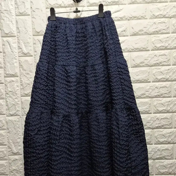 [BUNJANG] Navy Embossed Tiered Long Skirt / 네이비 엠보 캉캉 롱 스커트