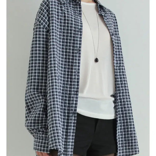 [BUNJANG] Check Pattern Oversized Navy Shirt / 새상품) 체크 패턴 오버핏 네이비 셔츠