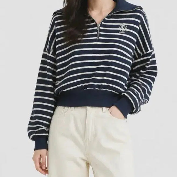 [BUNJANG] Ronron Navy Stripe Collar Sweatshirt / 론론 네이비 스트라이프 카라 맨투맨